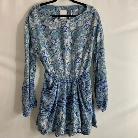 Free People Silver Sun Printed Dress Blue Bohemian Back Cutout, size S - Picture 15 of 16